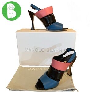 MANOLO BLAHNIK "ASPENDUM" BLACK, BLUE & PINK LEATHER W/MESH HEELS (36.5)